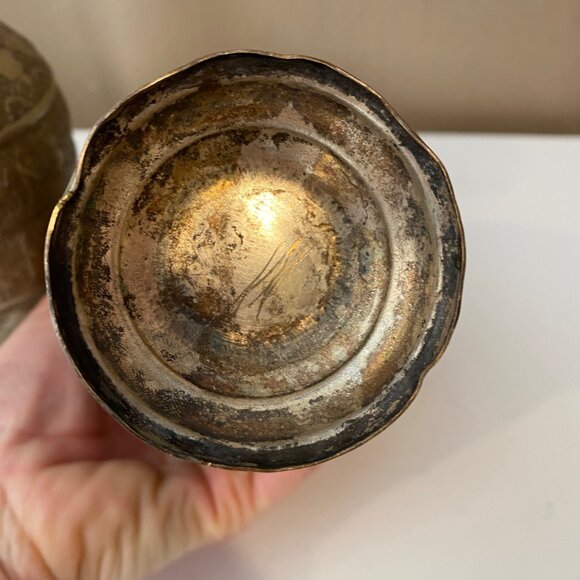 Antique 19th C. Chased Brass Vases Biedermeier Austria Persia 7.5 Set of 2 - Picture 6 of 7